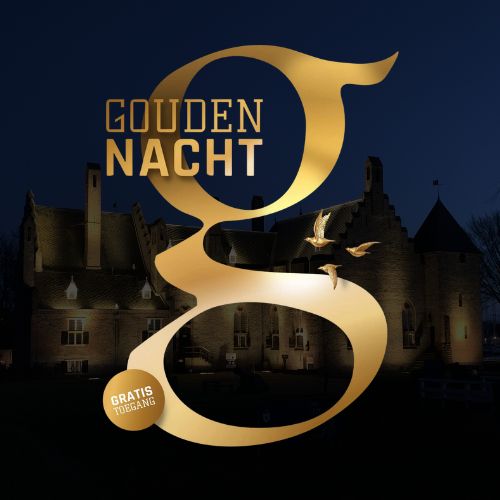 Kasteel Radboud-Gouden Nacht 2024-gouden letters op een donkere achtergrond met in de schaduw een kasteel